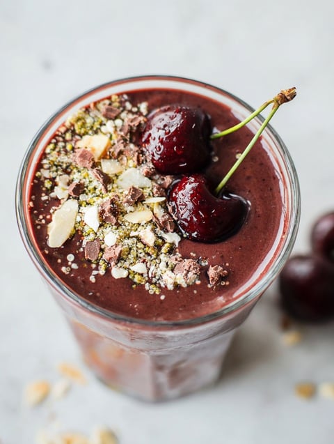 A glass of chocolate cherry smoothie with a cherry on top.