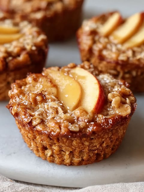 A close up of a baked apple cinnamon oatmeal cup.