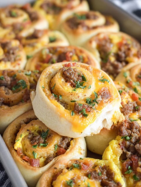 A tray of breakfast rolls with meat and cheese.