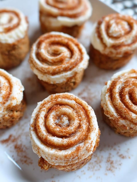 Mini cinnamon roll cheesecakes on a plate.