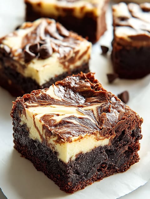 A close up of a chocolate cheesecake brownie.