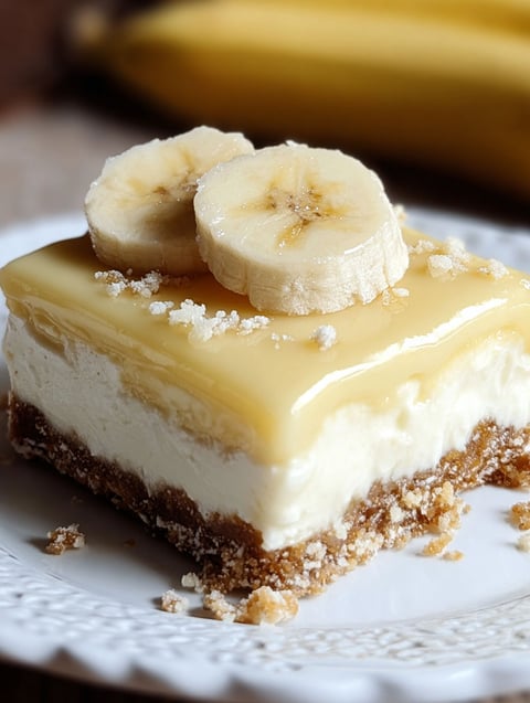 A slice of banana cream cheesecake bars.