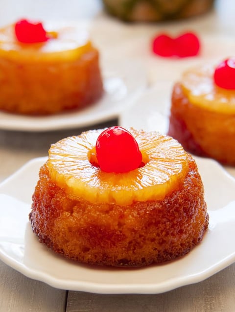 Three mini pineapple upside-down cakes on a plate.