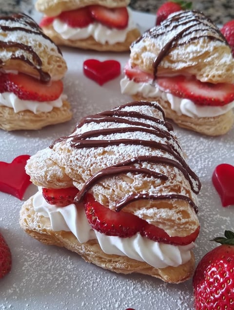 Strawberry cream puffs with chocolate drizzle.