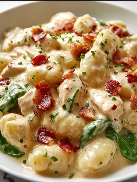 A plate of creamy chicken and bacon gnocchi.
