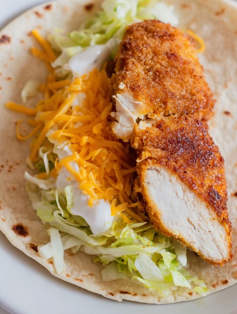 A piece of chicken on a tortilla with lettuce and cheese.