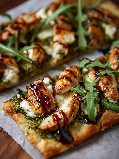A pesto chicken flatbread with cheese and sauce.