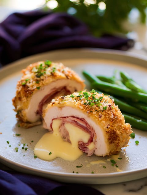 A plate of chicken cordon bleu with cheese and sauce.