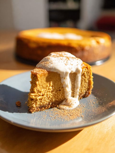A slice of pumpkin cheesecake with white icing.