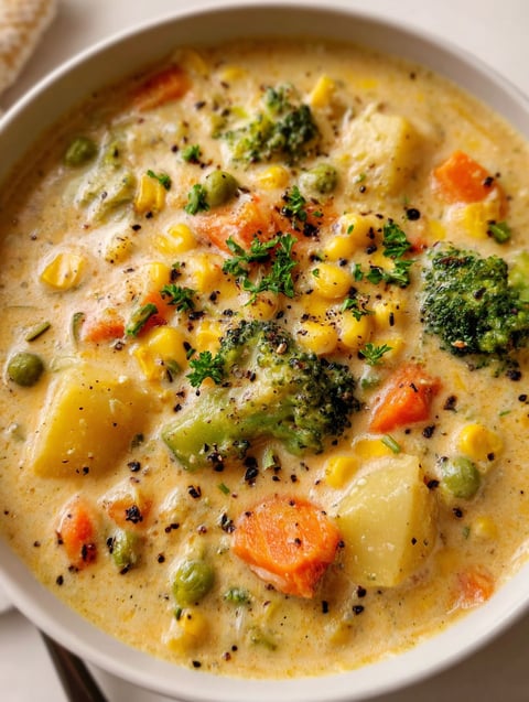 A bowl of soup with broccoli and carrots.