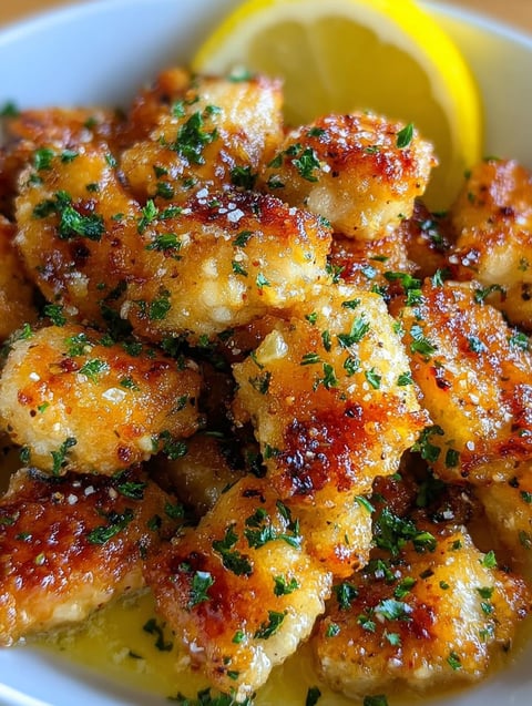Lemon chicken bites in a bowl.