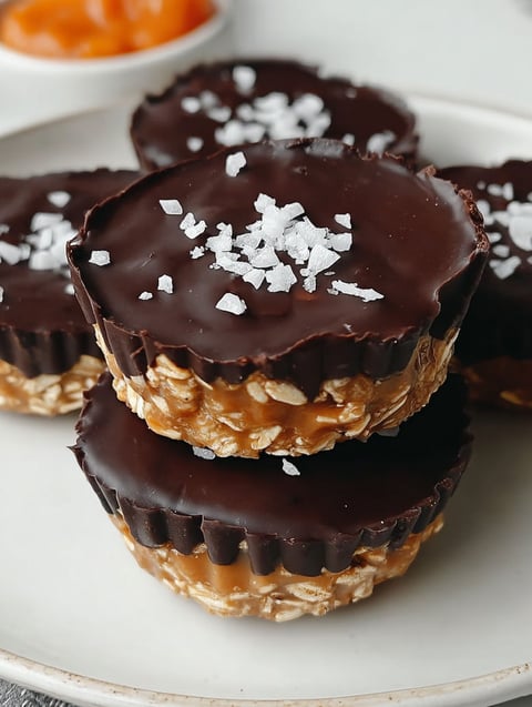 Three dark chocolate oatmeal cups with white salt on top.