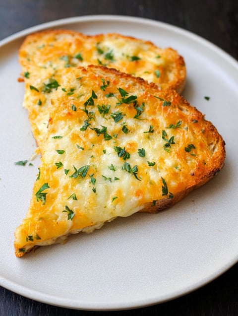 Two pieces of egg and cheese toast on a white plate.