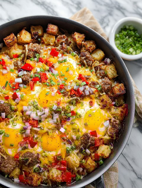 A loaded breakfast hash with eggs, potatoes, and peppers.