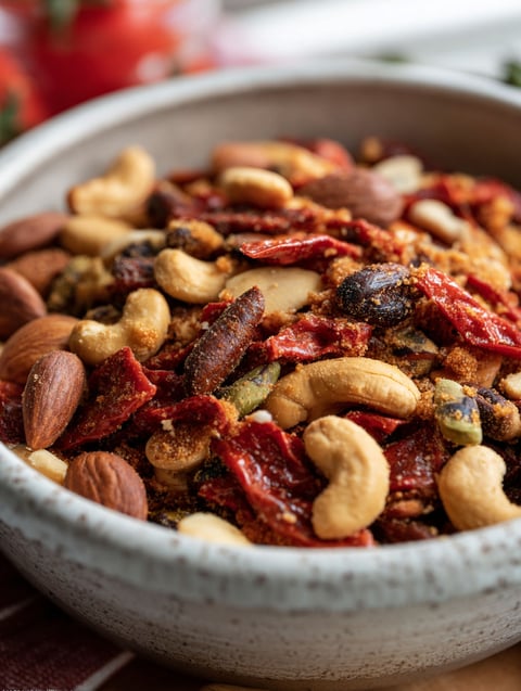 A bowl of pizza trail mix.