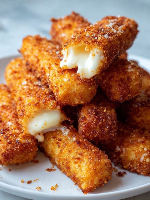 A stack of mozzarella sticks in a bowl.