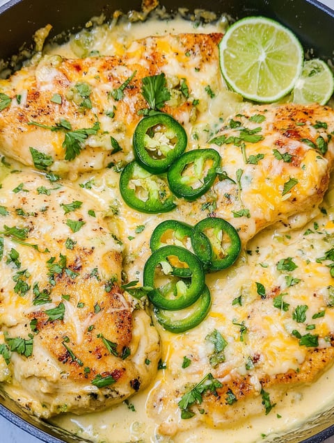 A skillet of jalapeno chicken with lime wedges on top.