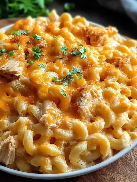 A plate of buffalo chicken mac and cheese.
