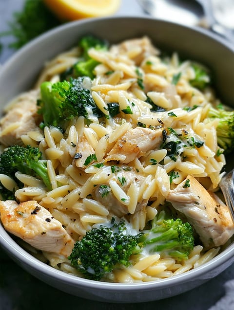 A bowl of chicken and broccoli orzo.
