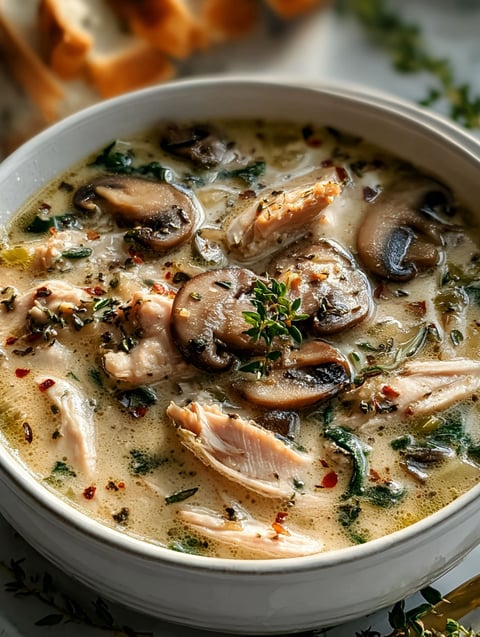 A bowl of soup with mushrooms and chicken.