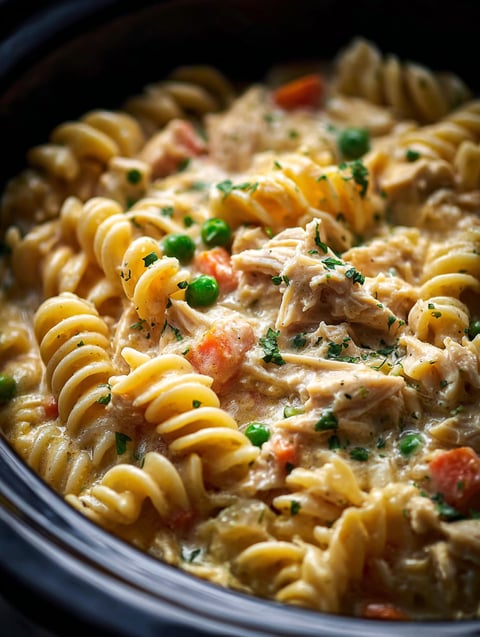 A bowl of pasta with chicken and peas.
