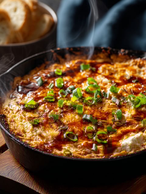 A close up of a delicious smokey BBQ chicken dip.