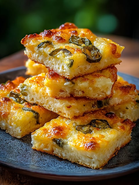 Jalapeño cheese squares on a plate.
