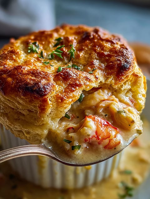 A close up of a Cheddar Bay Biscuit Seafood Pot Pie.