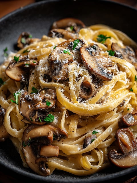 A plate of pasta with mushrooms and leeks.