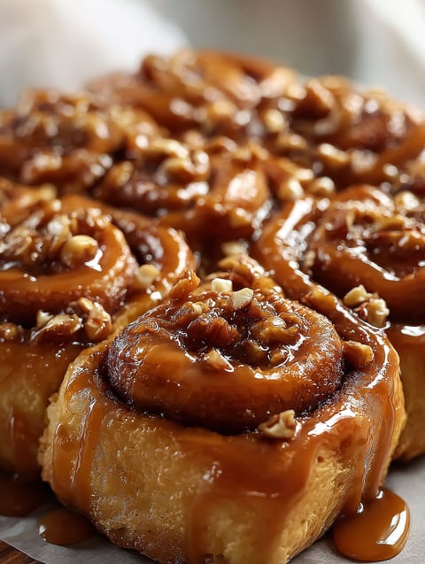 A close up of a delicious caramel roll.