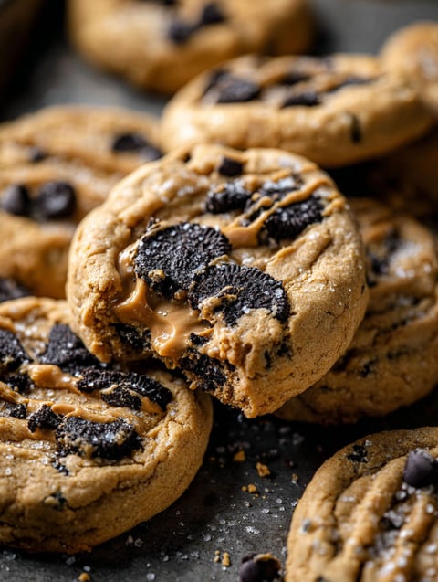 A close up of a cookie with peanut butter and chocolate chips.