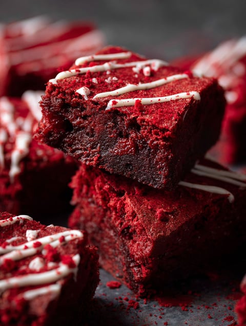 Red velvet brownies with white icing.