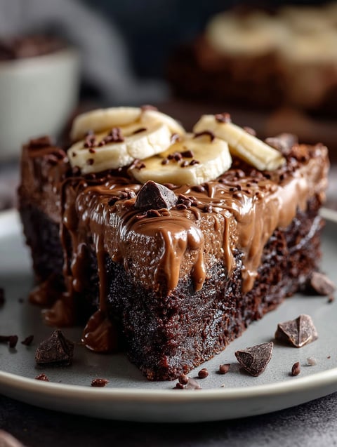 A slice of chocolate cake with bananas on top.