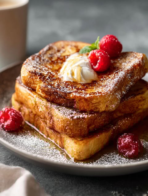 French toast with whipped cream and strawberries.