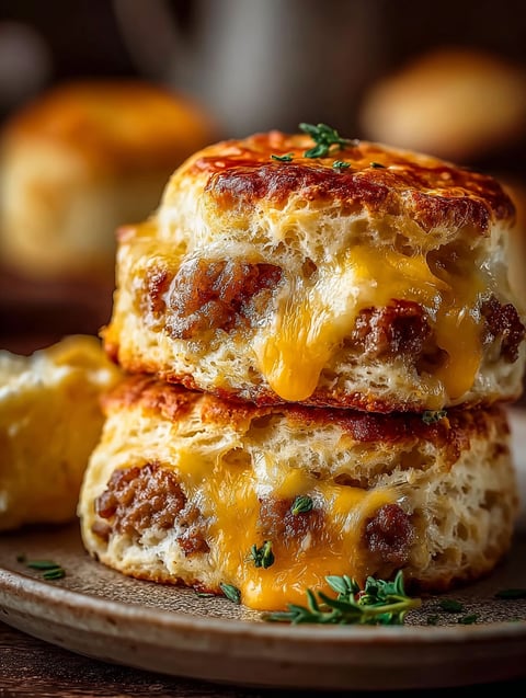 Sausage cheese biscuits stacked on a plate.
