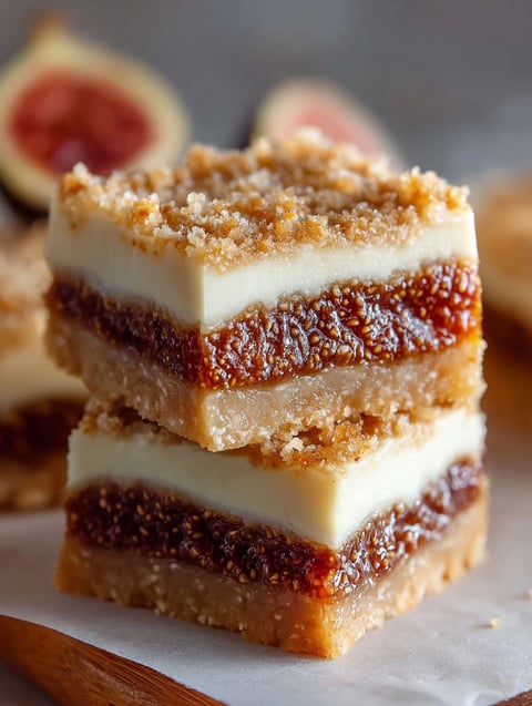 Three pieces of decadent fig and cream cheese bars.