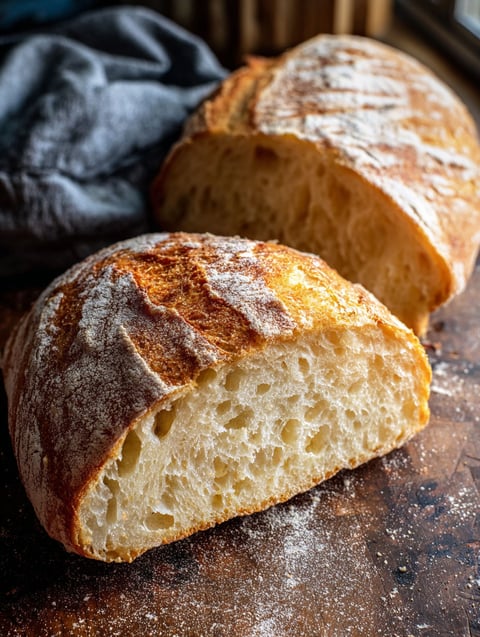 Two slices of rustic French bread.