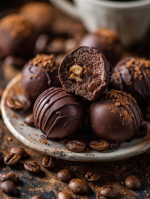 A plate of chocolate truffles with nuts on top.