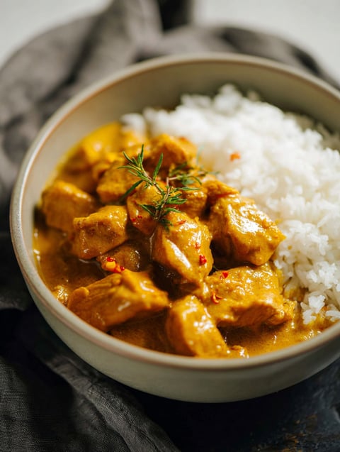 A bowl of pumpkin coconut chicken curry.
