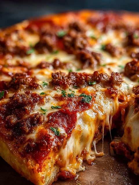 A slice of meat lovers pizza casserole.