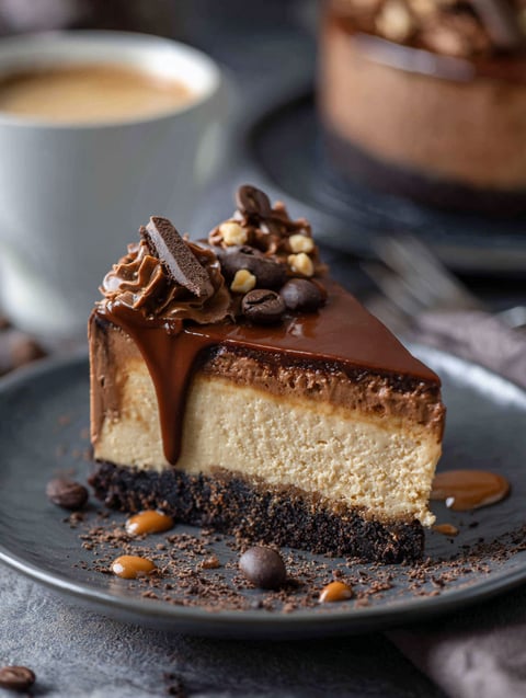 A slice of cheesecake with chocolate drizzle and topped with nuts.