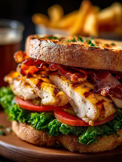 A juicy grilled chicken club sandwich.