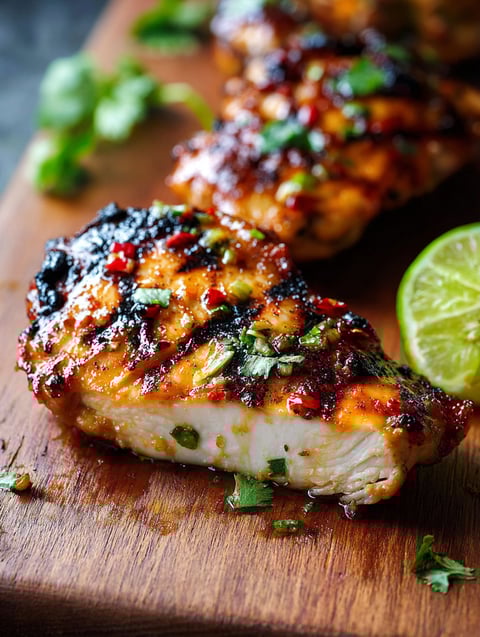 A piece of grilled chicken with lime and chili on it.