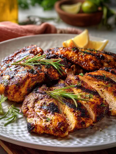 A plate of Pollo Asado with lemon wedges on the side.