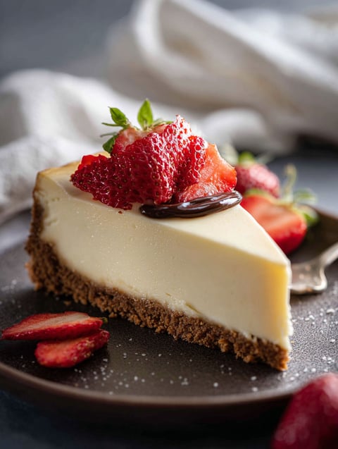 A slice of cheesecake with strawberries on top.