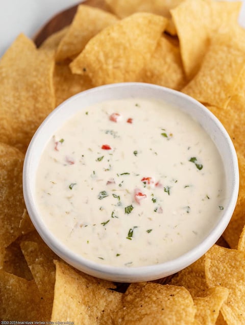 A bowl of white cheese dip with chips.