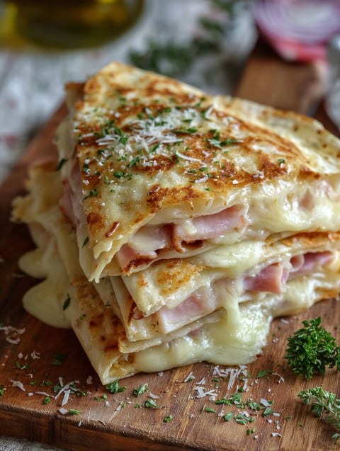 A stack of chicken cordon bleu quesadillas.