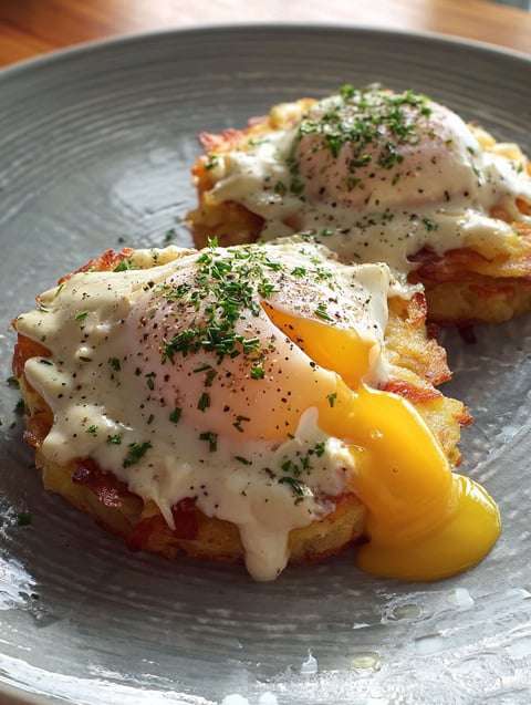 Two pieces of food with egg on top.