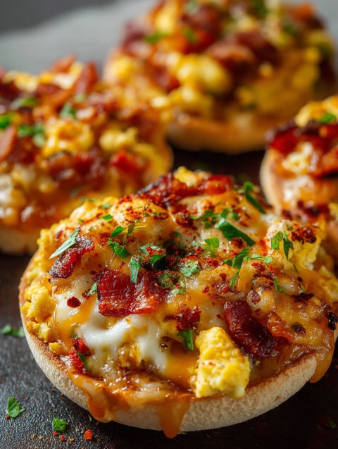 English muffin breakfast pizzas with cheese and bacon.