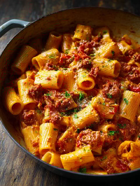 A bowl of creamy chorizo pasta.
